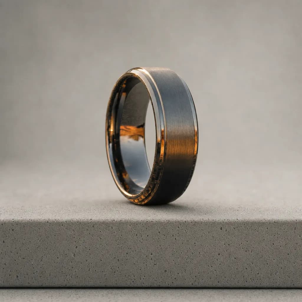 The Aegis, an 8mm brushed tungsten carbide band in gunmetal and rose gold, standing upright on a poured concrete ledge