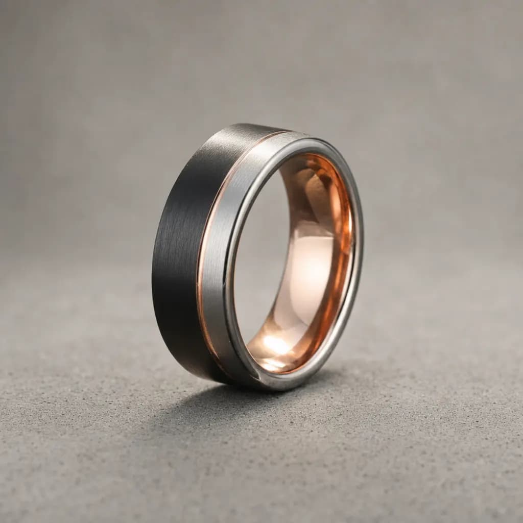 The Alloy, an 8mm brushed tungsten carbide band in black, rose gold and silver, standing upright on a poured concrete ledge