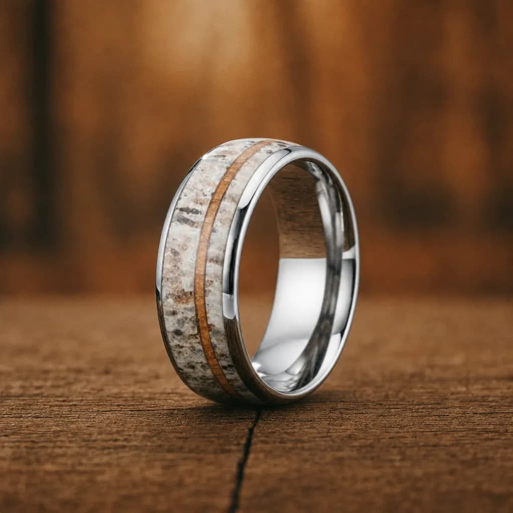 The Antler, an 8mm polished silver tungsten carbide band with an antler inlay, standing upright on a weathered oak plank