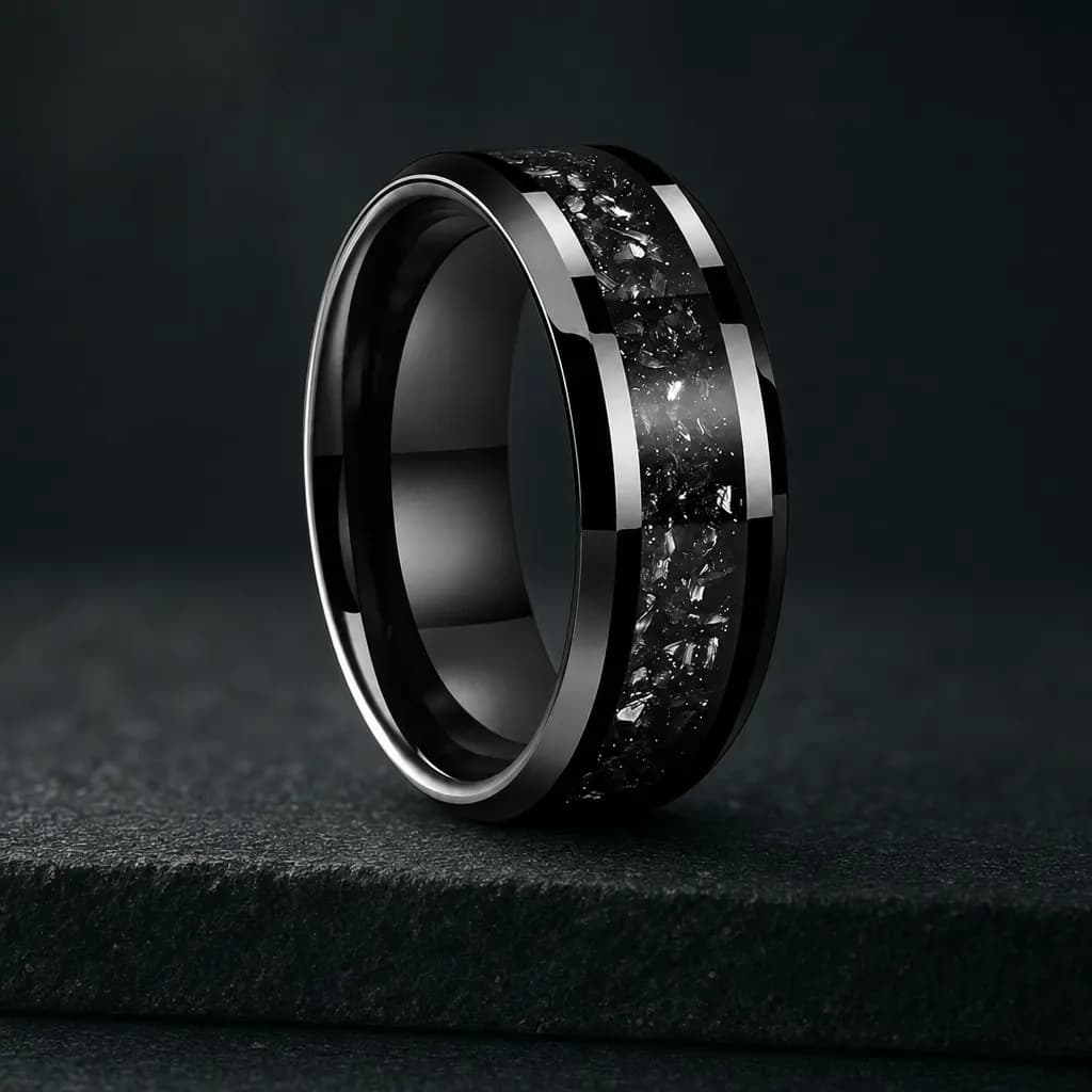 The Apex, an 8mm polished titanium band in black and silver with a meteorite inlay, standing upright on a dark iron grey stone slab