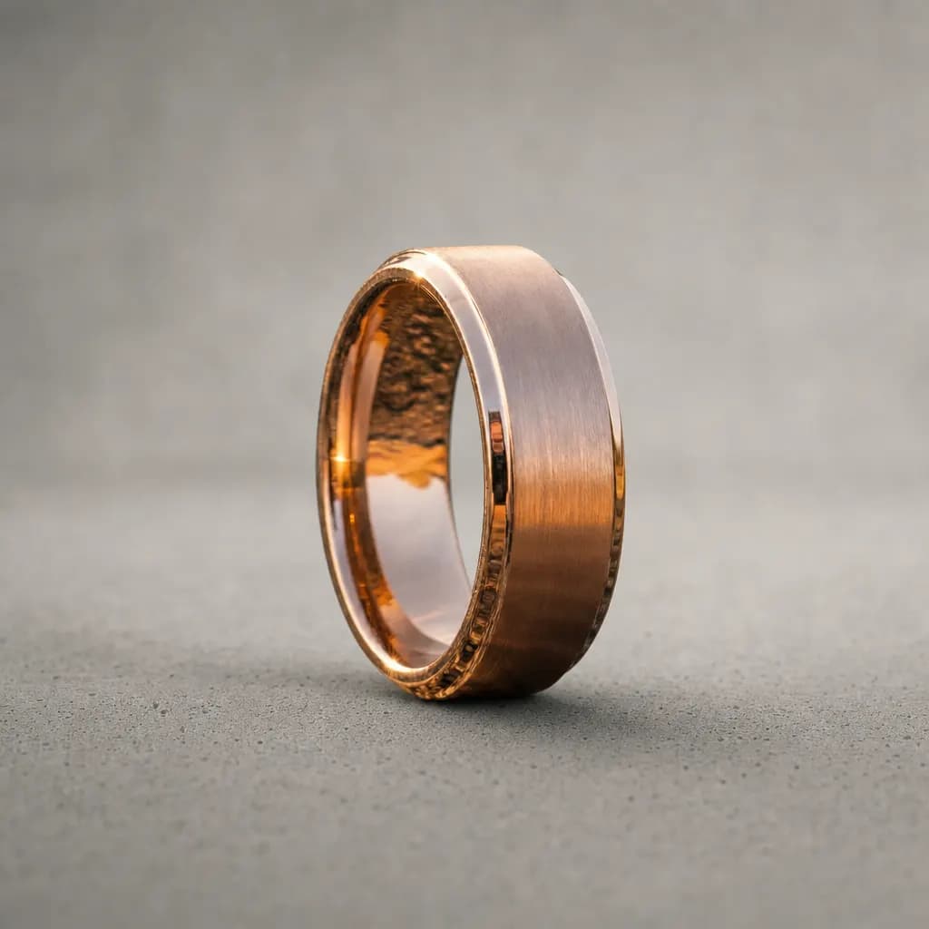 The Aureum, an 8mm brushed rose gold tungsten carbide band, standing upright on a poured concrete ledge
