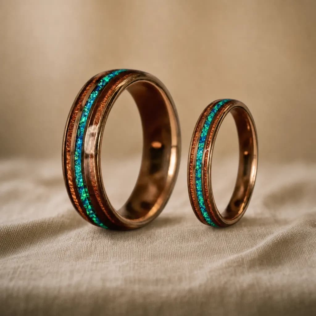 The Aurora Set, an 8mm and 4mm polished rose gold tungsten carbide band with an opal inlay, standing upright on rumpled natural linen