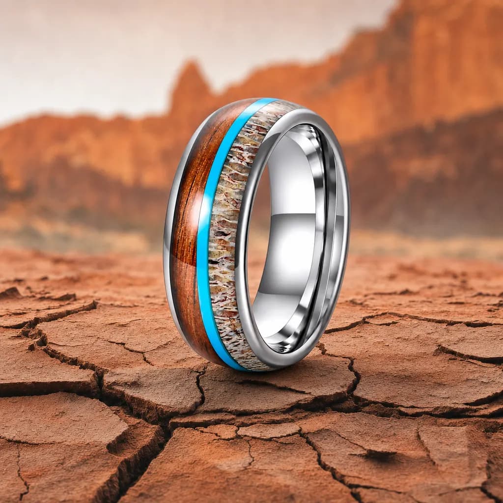 The Azure, an 8mm polished tungsten carbide band in silver and blue with an antler inlay, standing upright on cracked red desert earth