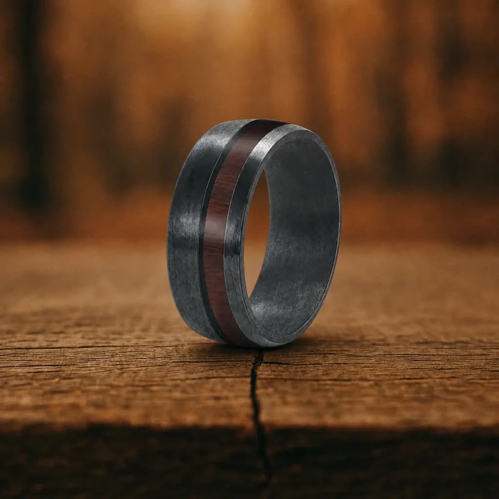 The Circuit, an 8mm brushed gunmetal tungsten carbide band with a wood inlay, standing upright on a weathered oak plank