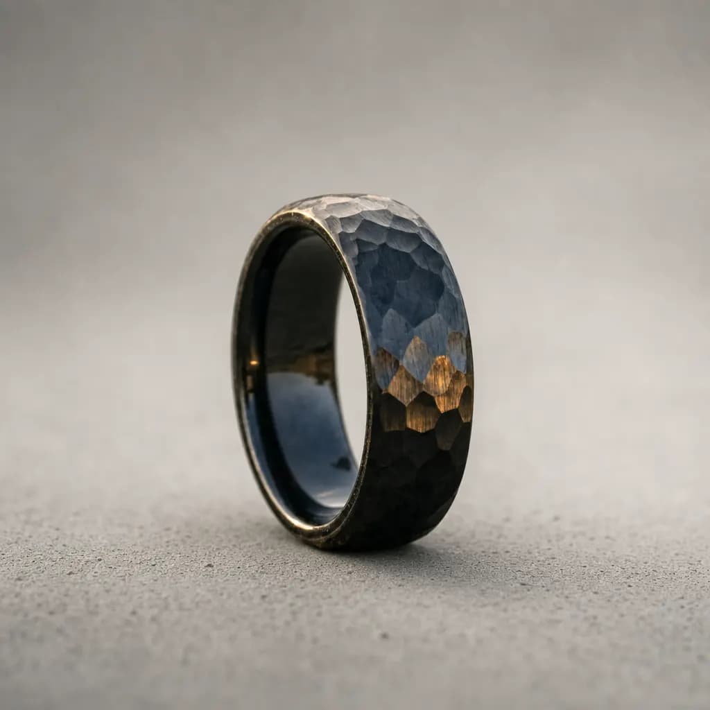 The Crest, a 6mm hammered gunmetal tungsten carbide band, standing upright on a poured concrete ledge