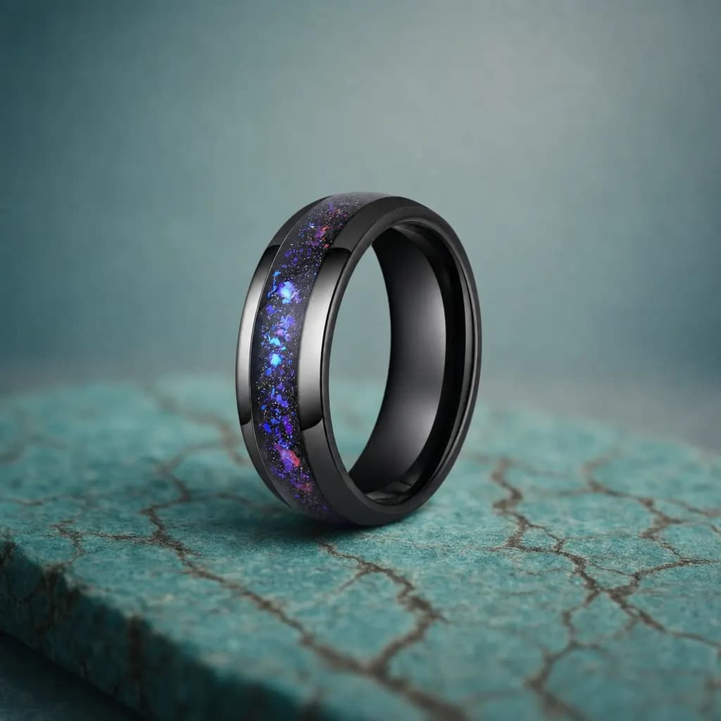 The Duet, an 8mm polished tungsten carbide band in black and blue with an opal inlay, standing upright on a turquoise veined mineral slab