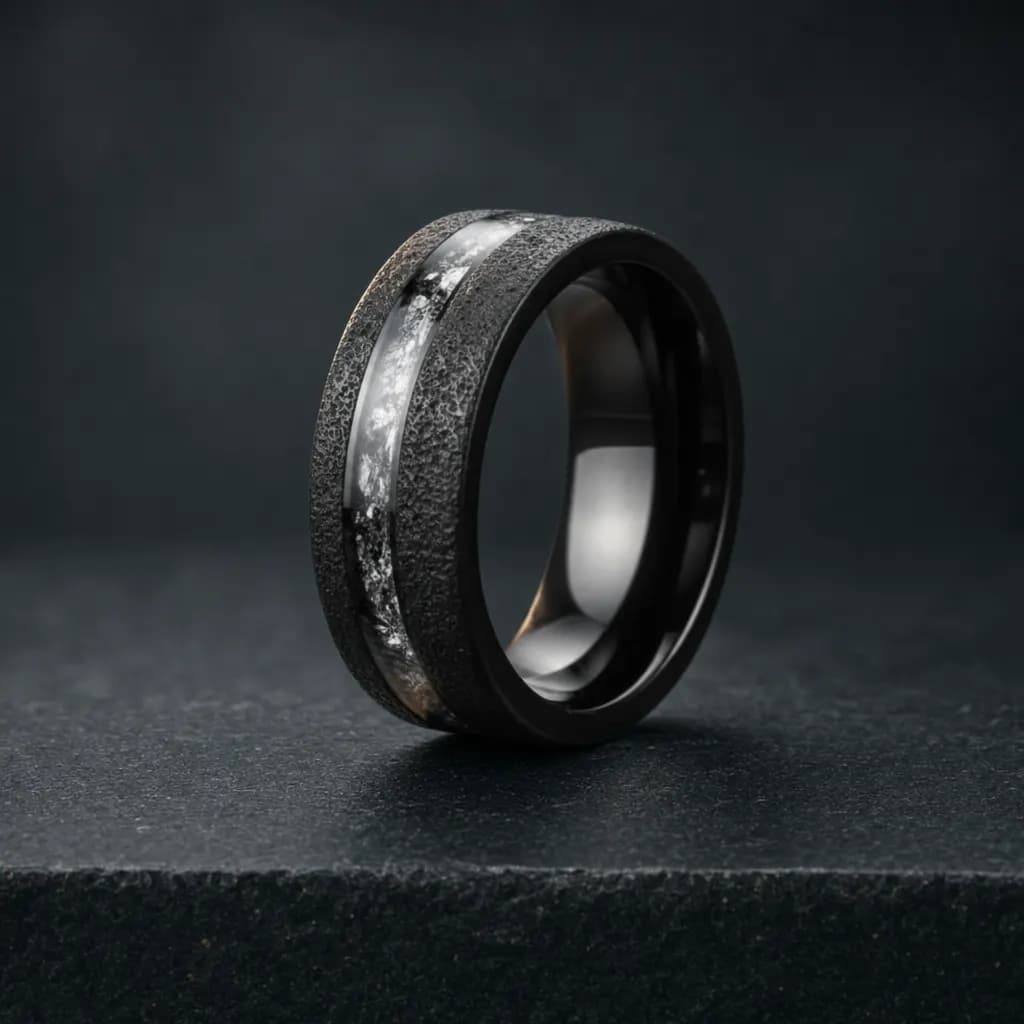 The Eclipse, an 8mm matte black tungsten carbide band with a meteorite inlay, standing upright on a dark iron grey stone slab