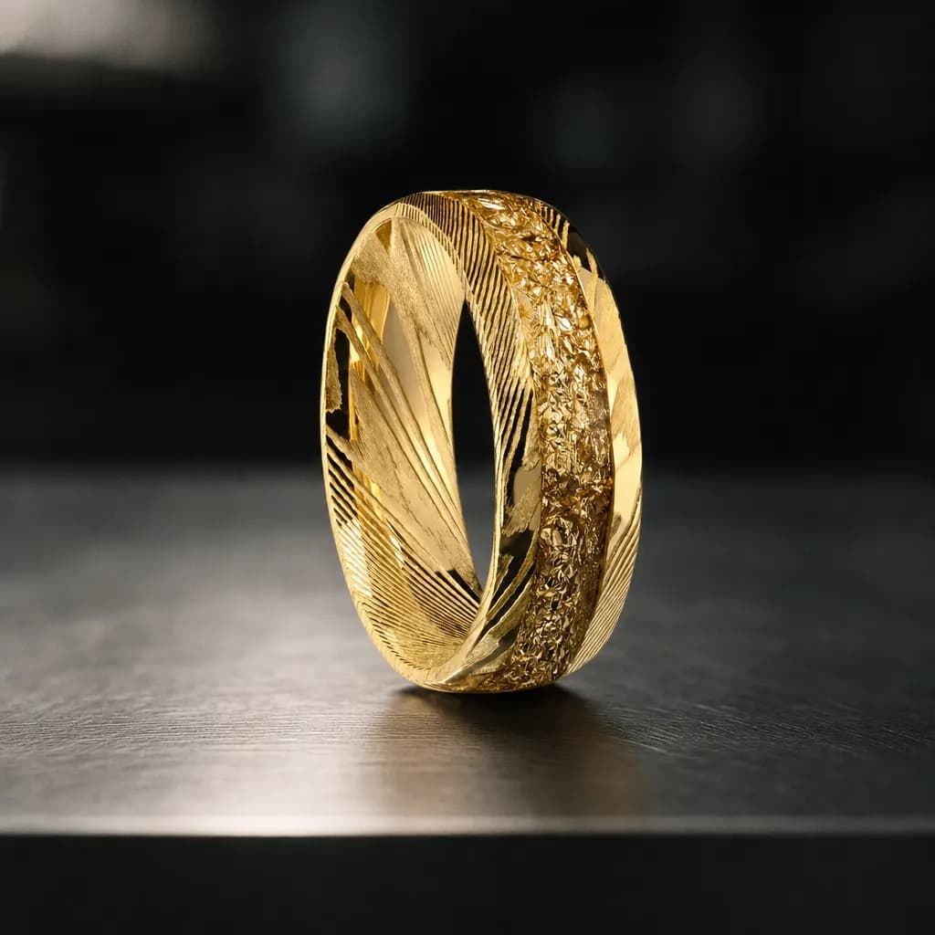 The Forge, an 8mm textured gold damascus steel band with a gold leaf inlay, standing upright on a brushed steel workbench