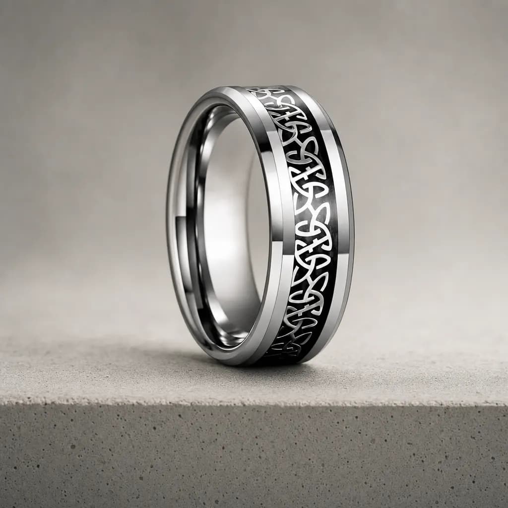 The Graphite, an 8mm polished tungsten carbide band in silver and black, standing upright on a poured concrete ledge