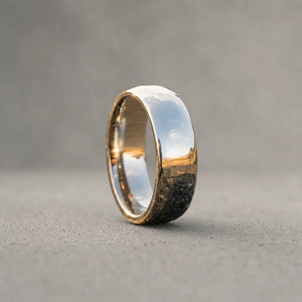 The Halo, an 8mm polished silver tungsten carbide band, standing upright on a poured concrete ledge