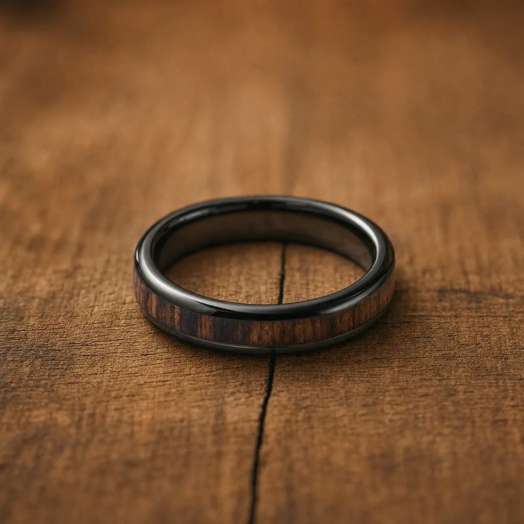 The Haven, a 4mm polished black tungsten carbide band with a wood inlay, lying flat on a weathered oak plank