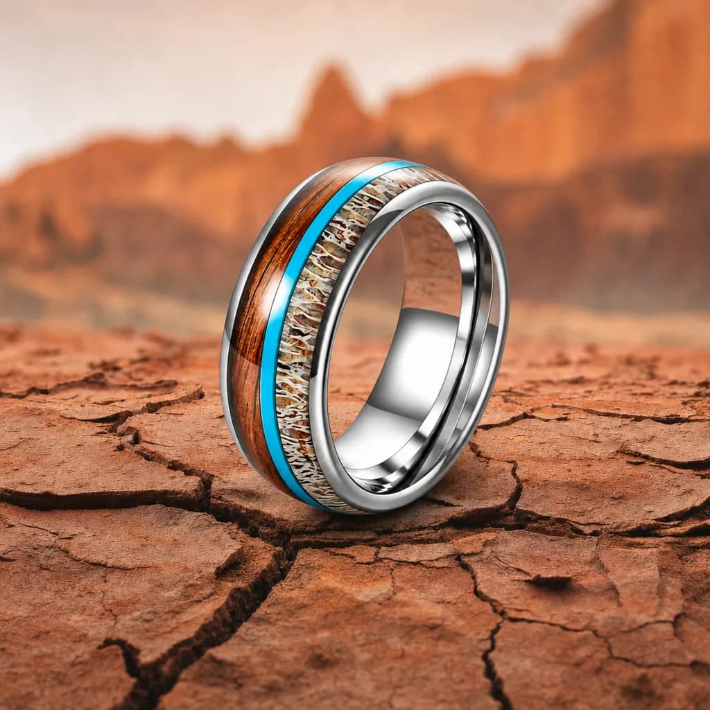 The Lagoon, an 8mm polished tungsten carbide band in silver and blue with an antler inlay, standing upright on cracked red desert earth