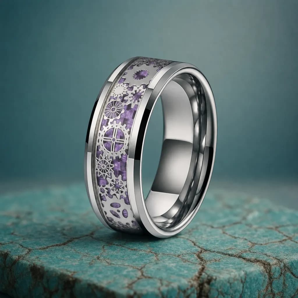 The Lattice, an 8mm polished silver tungsten carbide band with a carbon fibre inlay, standing upright on a turquoise veined mineral slab