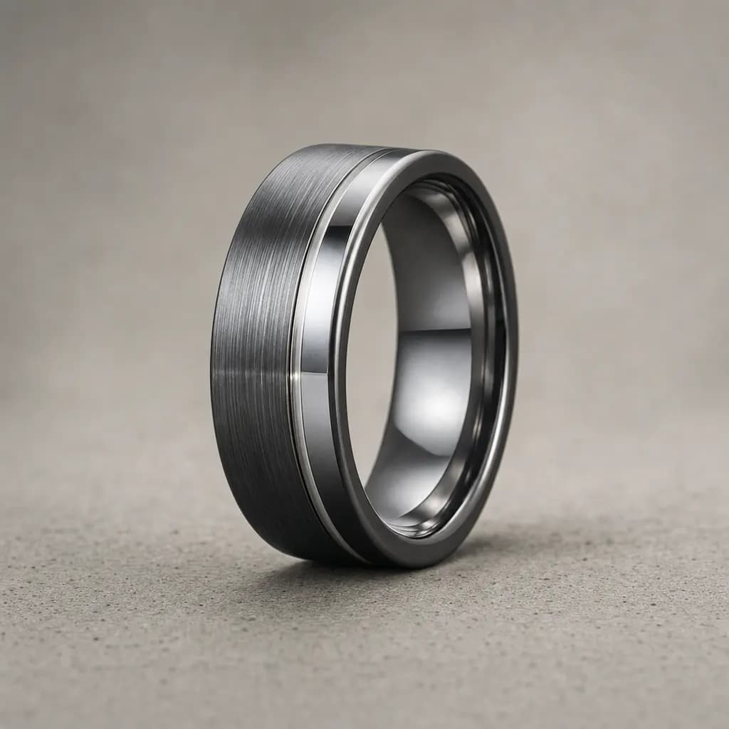 The Meridian, an 8mm brushed gunmetal tungsten carbide band, standing upright on a poured concrete ledge