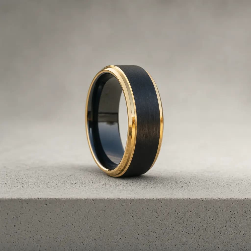The Noir, an 8mm brushed tungsten carbide band in black and gold, standing upright on a poured concrete ledge