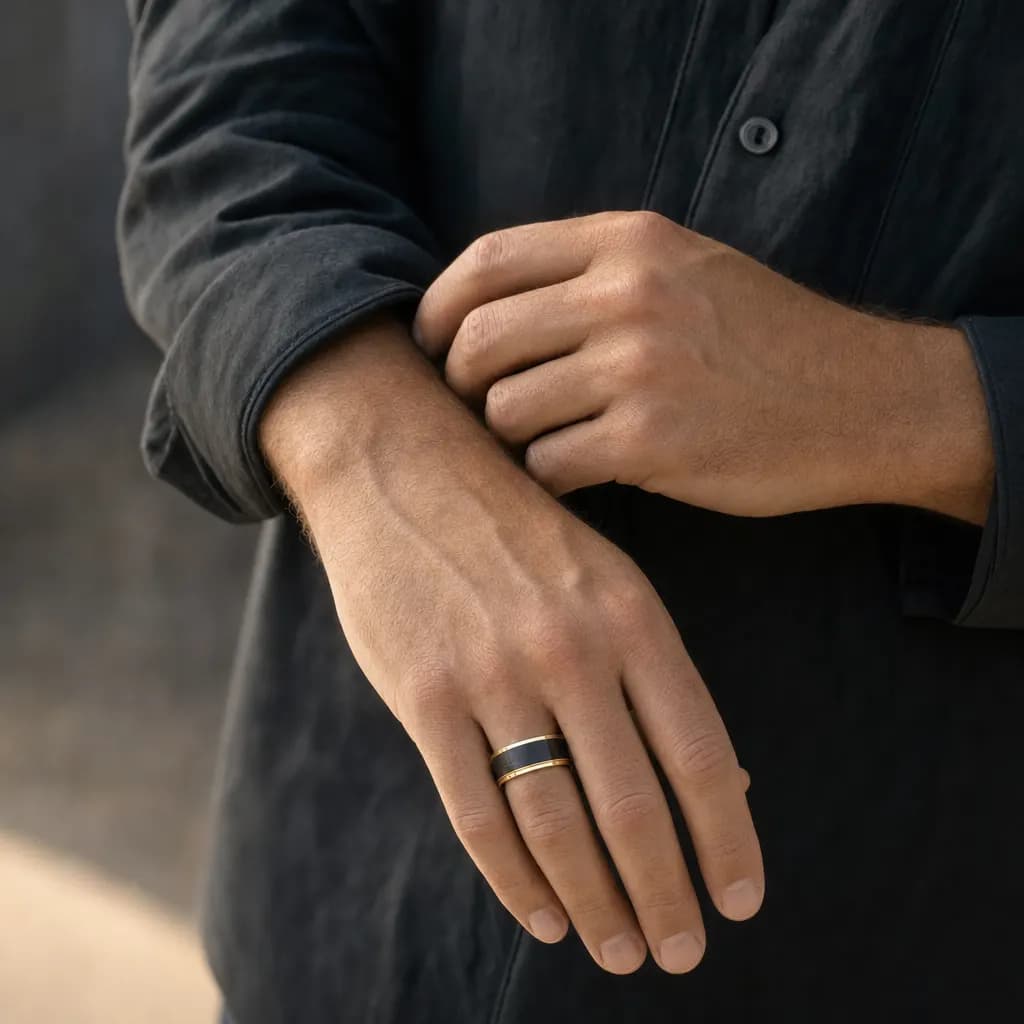 The Noir, an 8mm brushed tungsten carbide band in black and gold, worn on the hand