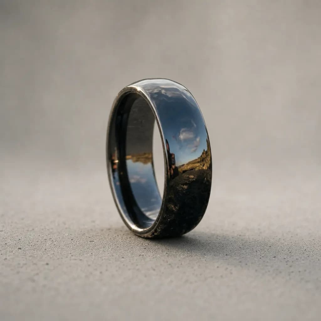 The Nova, an 8mm polished black tungsten carbide band, standing upright on a poured concrete ledge