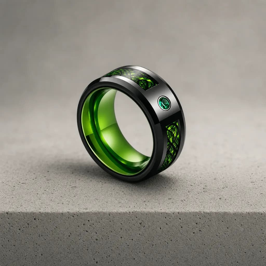 The Piston, an 8mm polished tungsten carbide band in black and green, standing upright on a poured concrete ledge