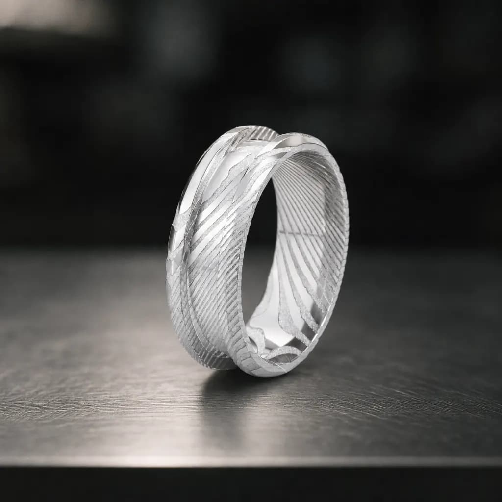 The Quench, an 8mm polished silver damascus steel band, standing upright on a brushed steel workbench