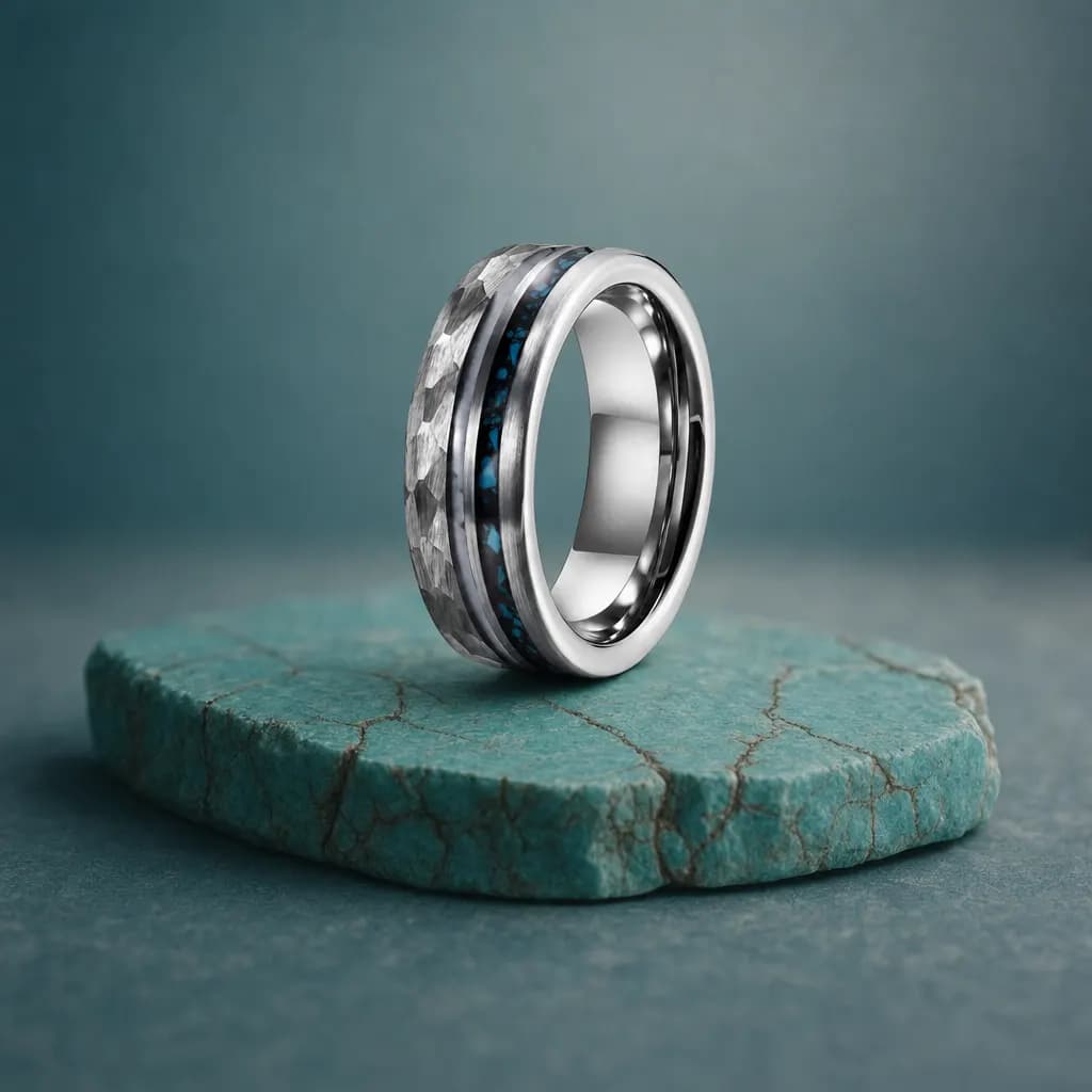 The Sedona, an 8mm hammered tungsten carbide band in silver, black and blue with a turquoise inlay, standing upright on a turquoise veined mineral slab