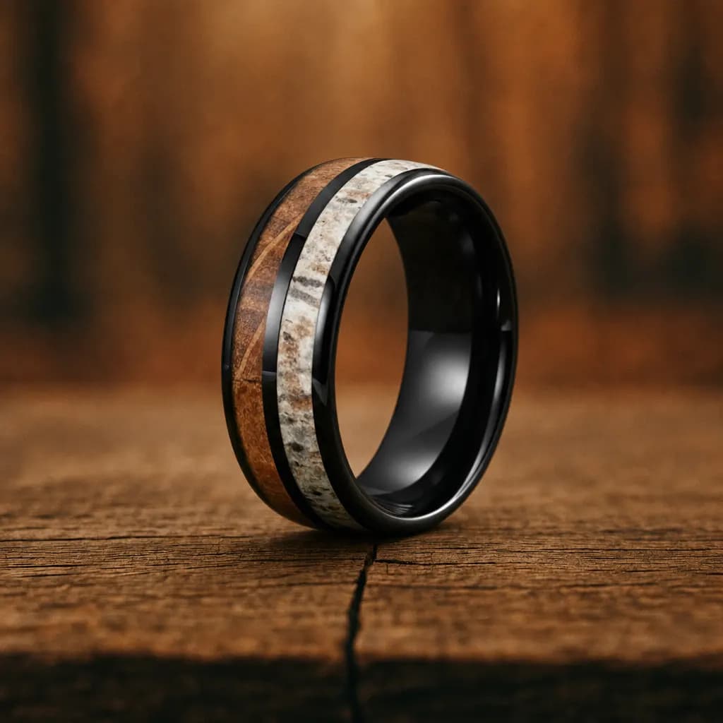 The Stag, an 8mm polished black tungsten carbide band with an antler inlay, standing upright on a weathered oak plank