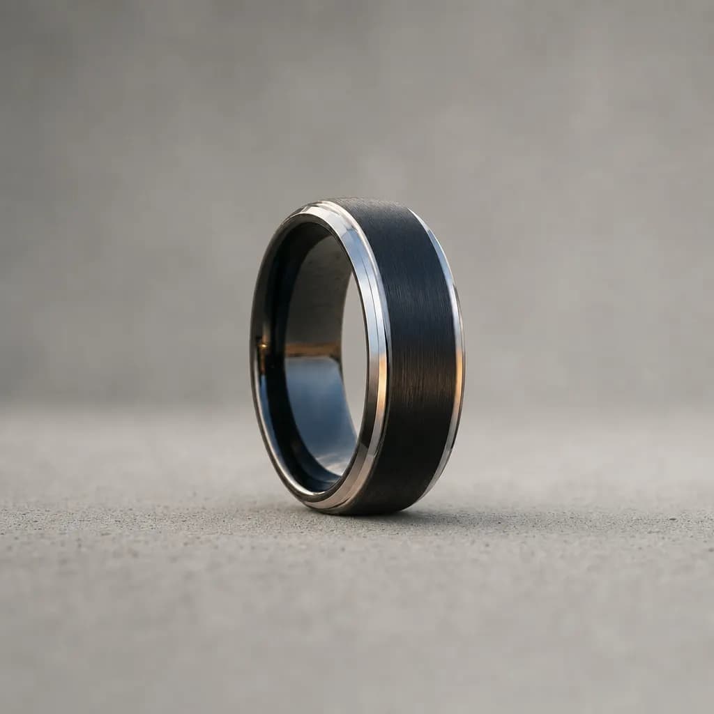 The Titan, an 8mm brushed tungsten carbide band in black and silver, standing upright on a poured concrete ledge