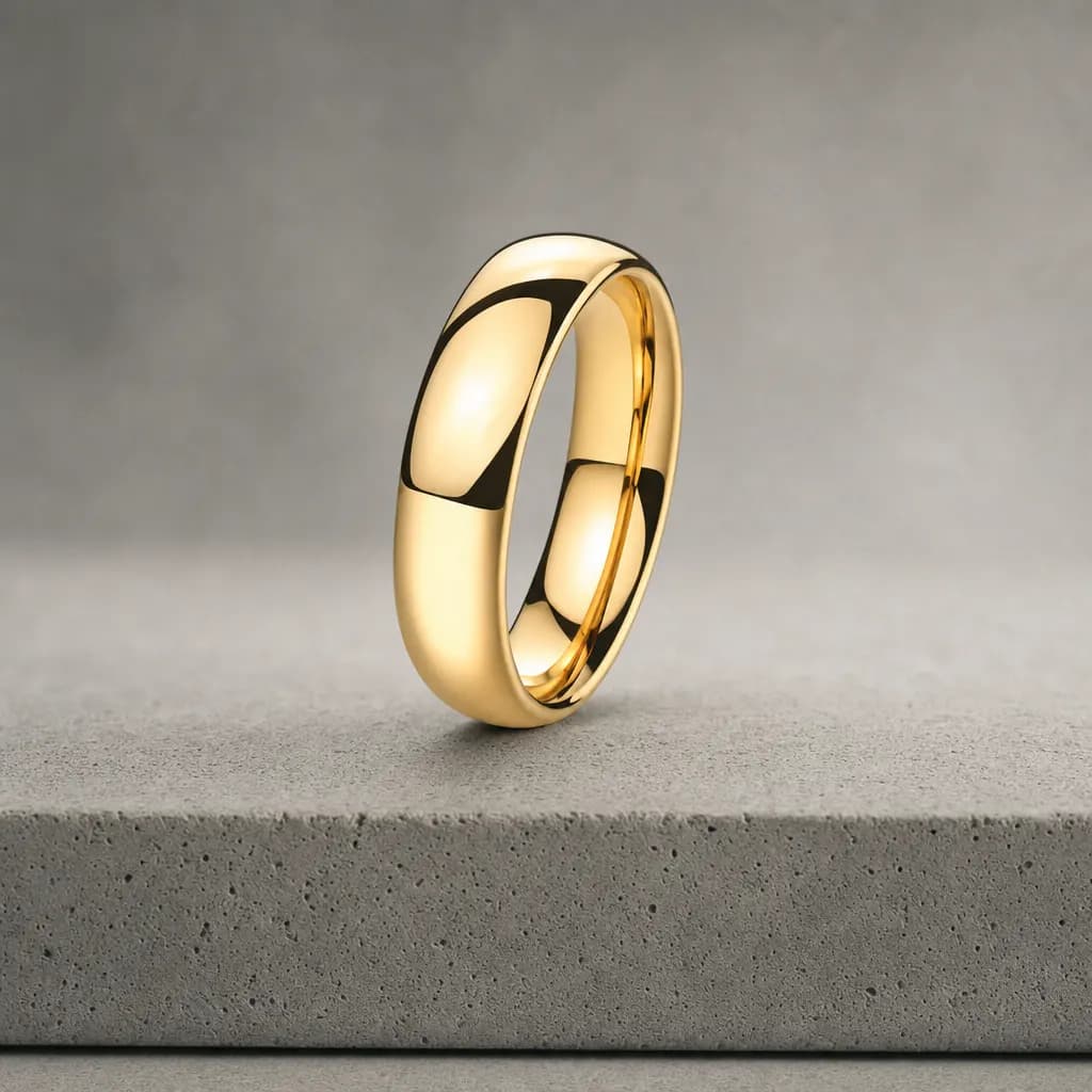 The Union, an 8mm polished gold tungsten carbide band, standing upright on a poured concrete ledge