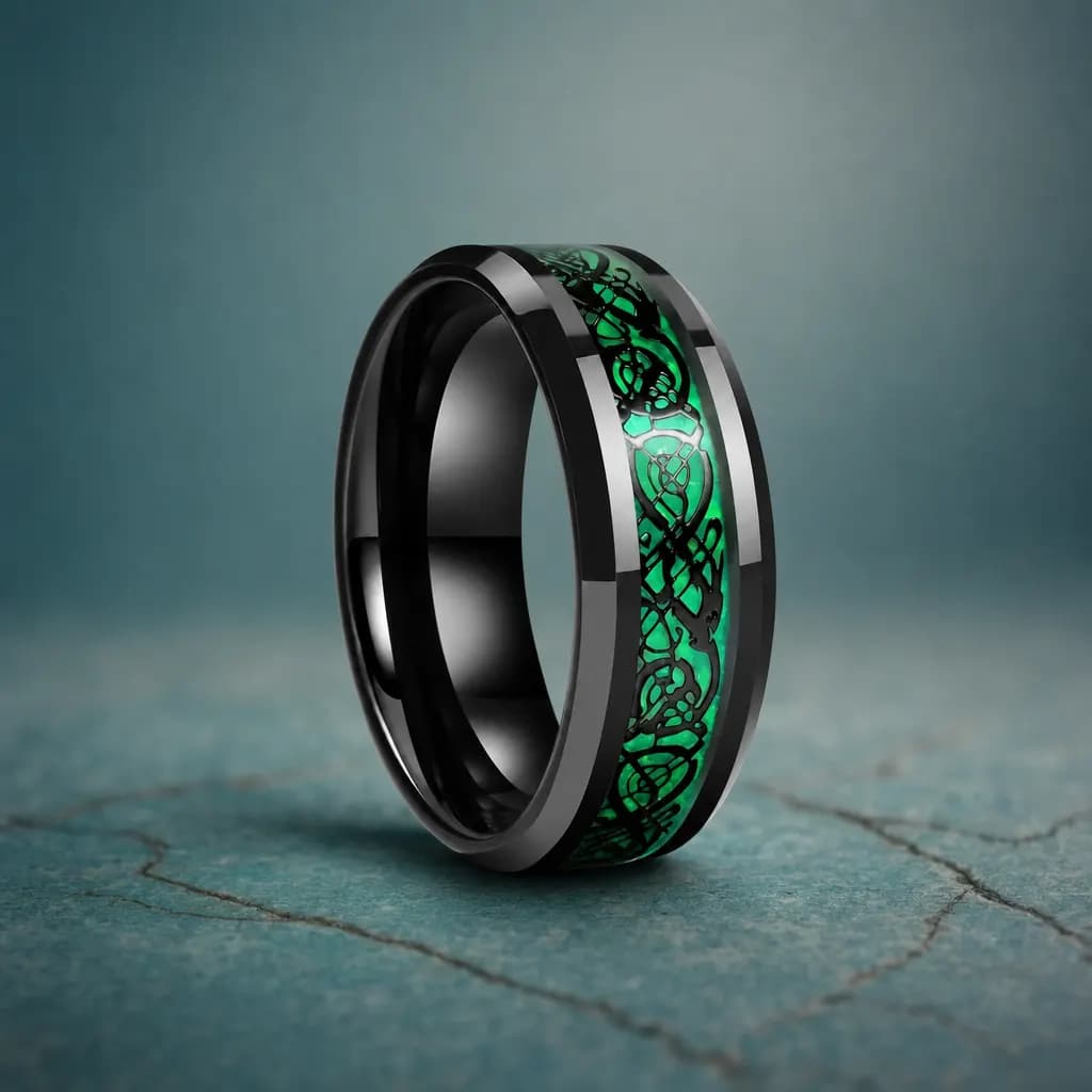 The Weave, an 8mm polished tungsten carbide band in black and green with a carbon fibre inlay, standing upright on a turquoise veined mineral slab