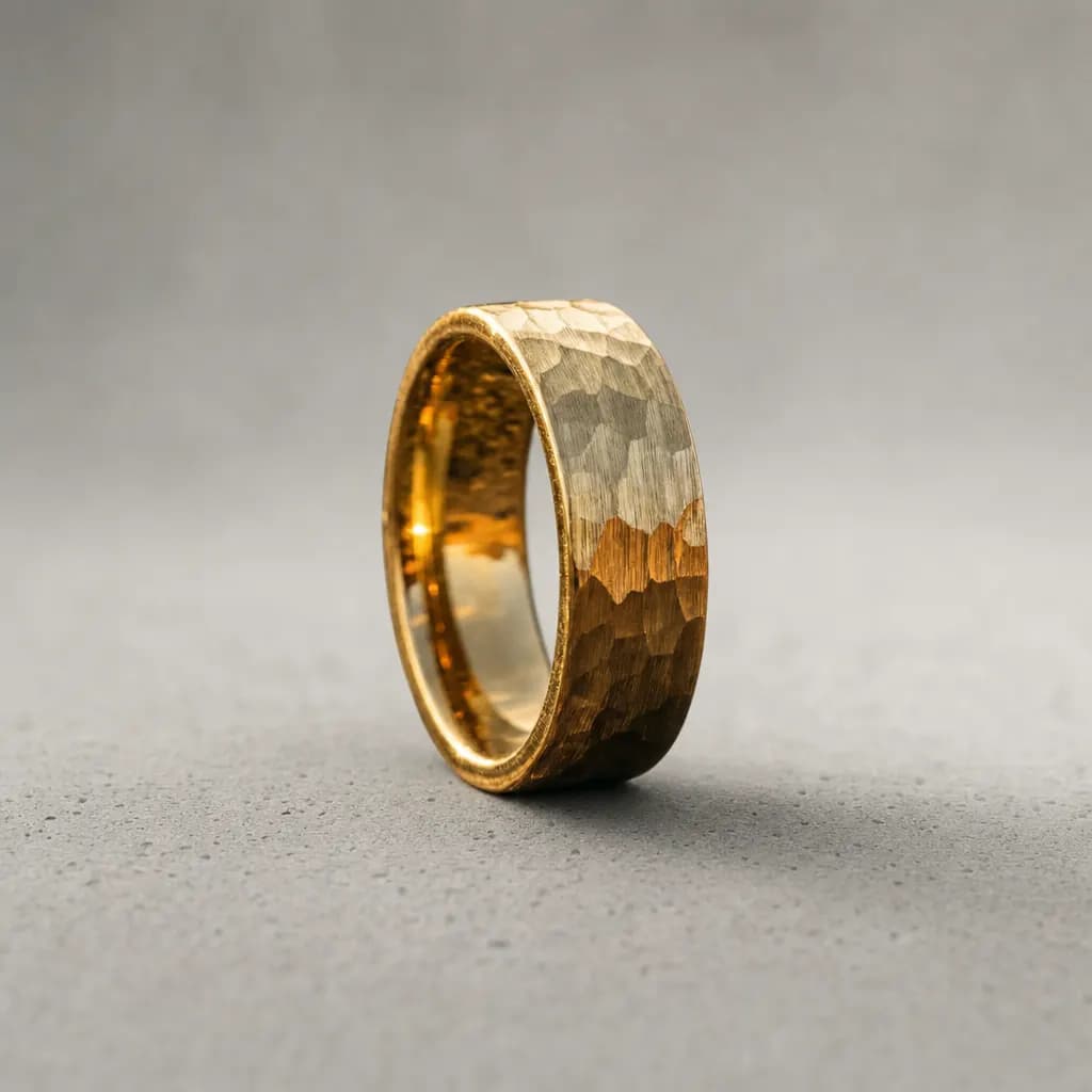 The Zenith, an 8mm hammered gold tungsten carbide band, standing upright on a poured concrete ledge