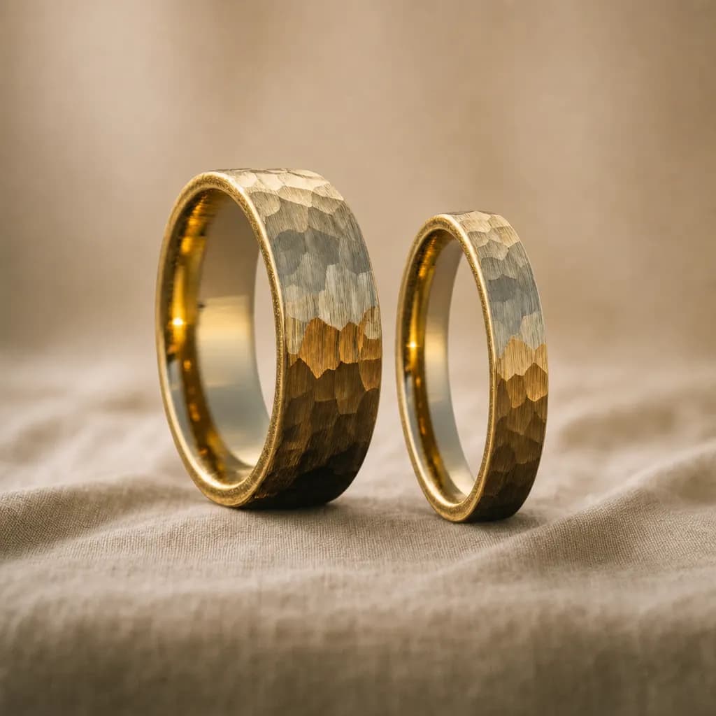 The Zenith Set, an 8mm and 4mm hammered gold tungsten carbide band, standing upright on rumpled natural linen