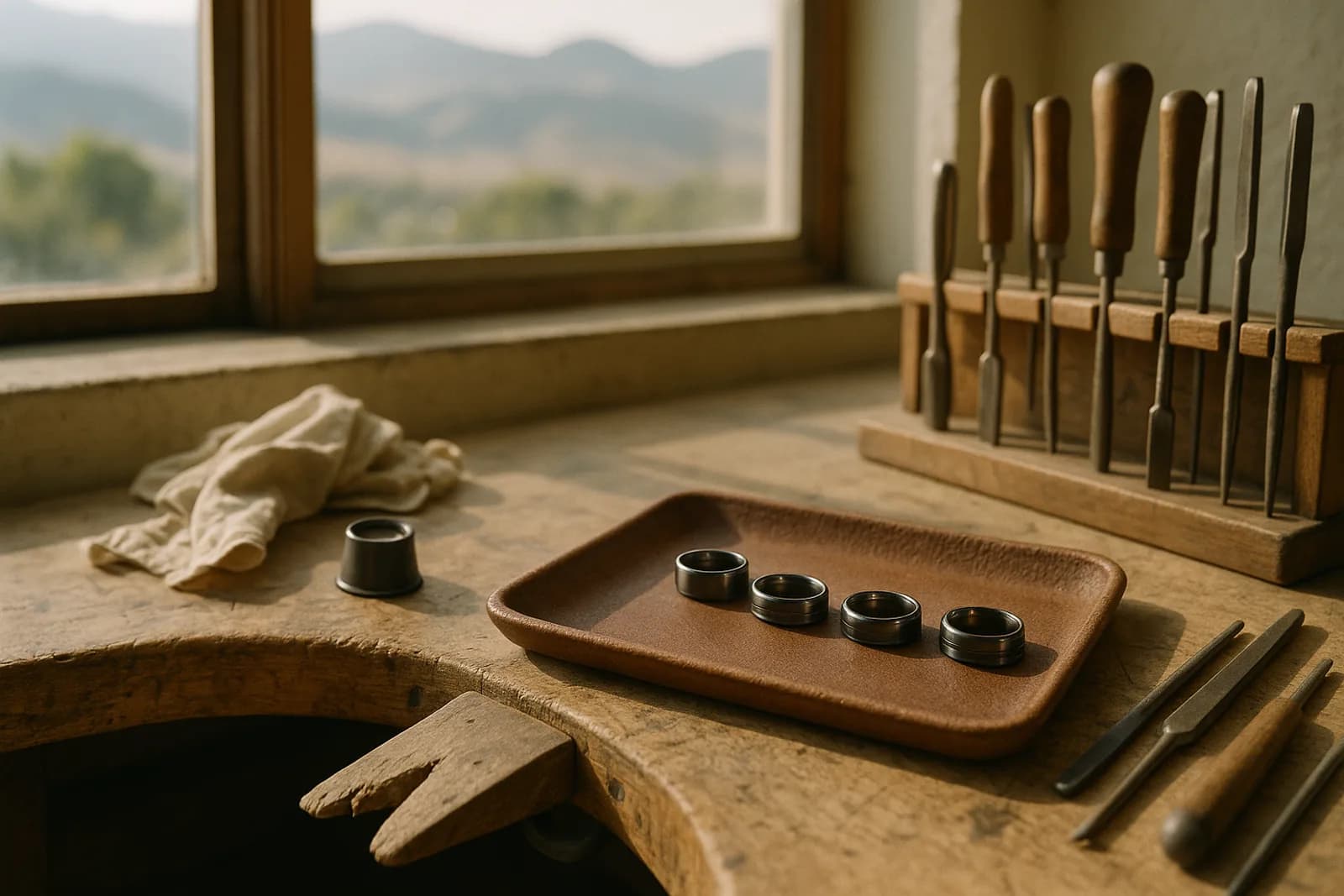 A jeweller's workbench in Boulder, Colorado, with hand tools in a rack, a loupe and several tungsten bands laid out on a leather tray, the Rocky Mountain foothills visible through the window