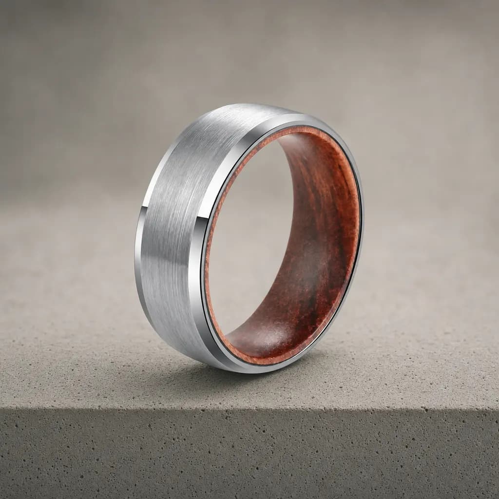 The Ash, an 8mm brushed silver tungsten carbide band with a wood inlay, standing upright on a poured concrete ledge