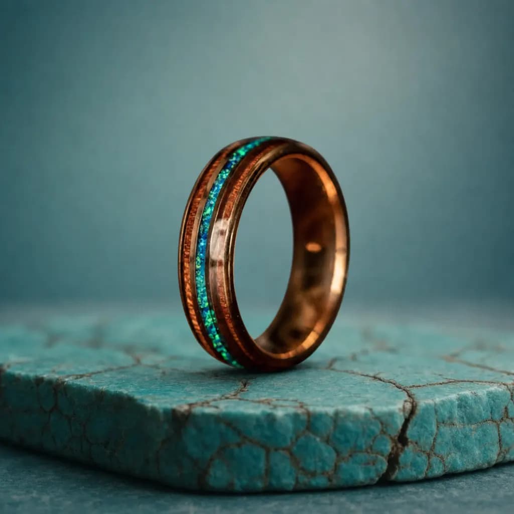 The Aurora, an 8mm polished rose gold tungsten carbide band with an opal inlay, standing upright on a turquoise veined mineral slab