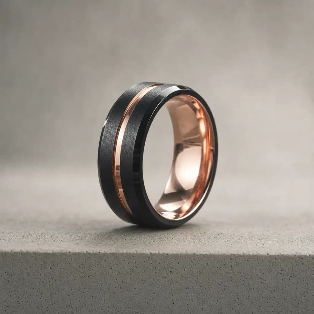 The Axis, an 8mm matte tungsten carbide band in black and rose gold, standing upright on a poured concrete ledge