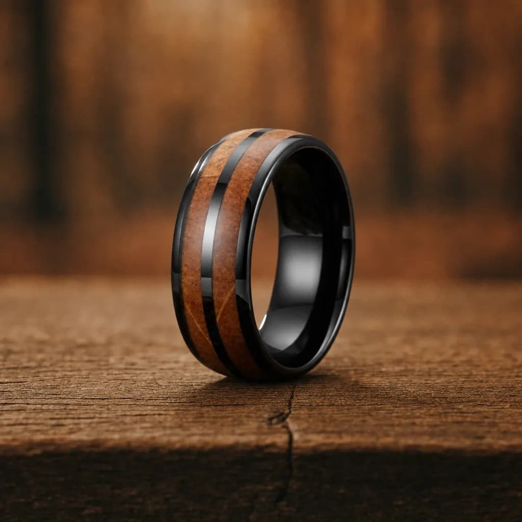 The Barrel, an 8mm polished black tungsten carbide band with a wood inlay, standing upright on a weathered oak plank