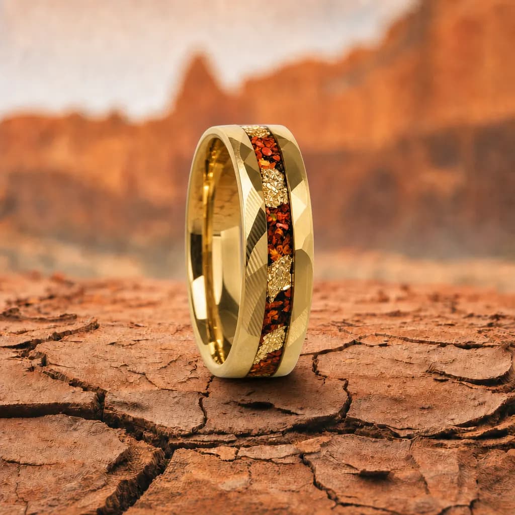 The Billet, an 8mm faceted gold damascus steel band with a dinosaur bone inlay, standing upright on cracked red desert earth