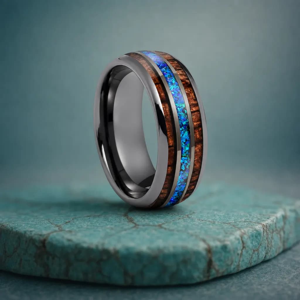 The Birch, an 8mm polished tungsten carbide band in gunmetal and blue with an opal inlay, standing upright on a turquoise veined mineral slab