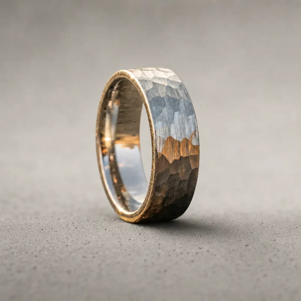 The Brim, an 8mm hammered silver tungsten carbide band, standing upright on a poured concrete ledge