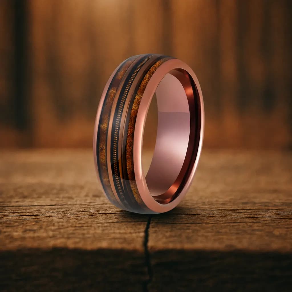 The Buck, an 8mm polished tungsten carbide band in rose gold and black with a wood inlay, standing upright on a weathered oak plank