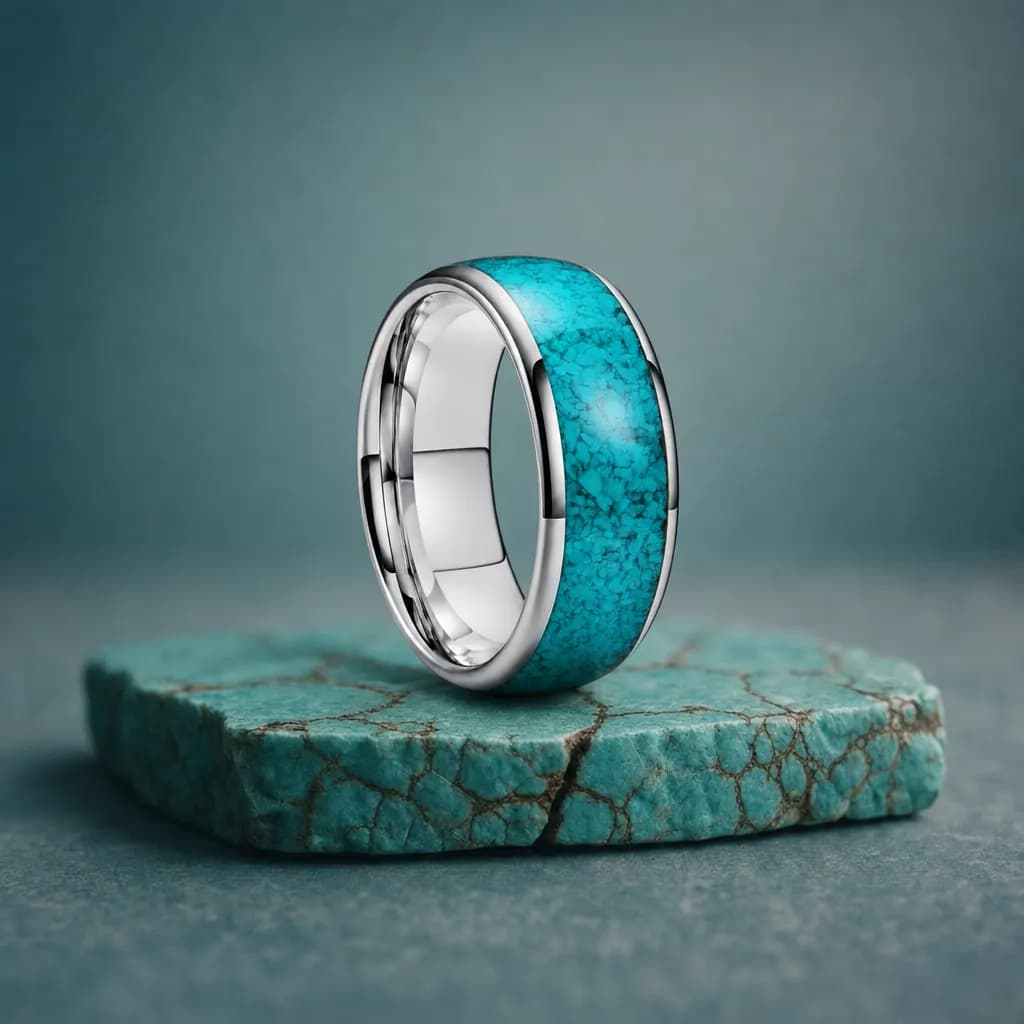 The Canyon, an 8mm polished tungsten carbide band in silver, blue and green with a turquoise inlay, standing upright on a turquoise veined mineral slab