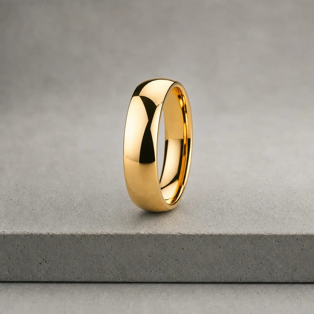 The Covenant, an 8mm polished gold tungsten carbide band, standing upright on a poured concrete ledge