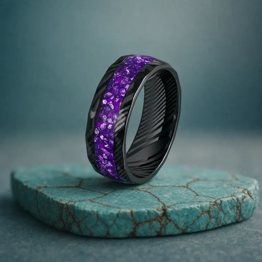 The Damask, an 8mm polished black damascus steel band with an amethyst inlay, standing upright on a turquoise veined mineral slab