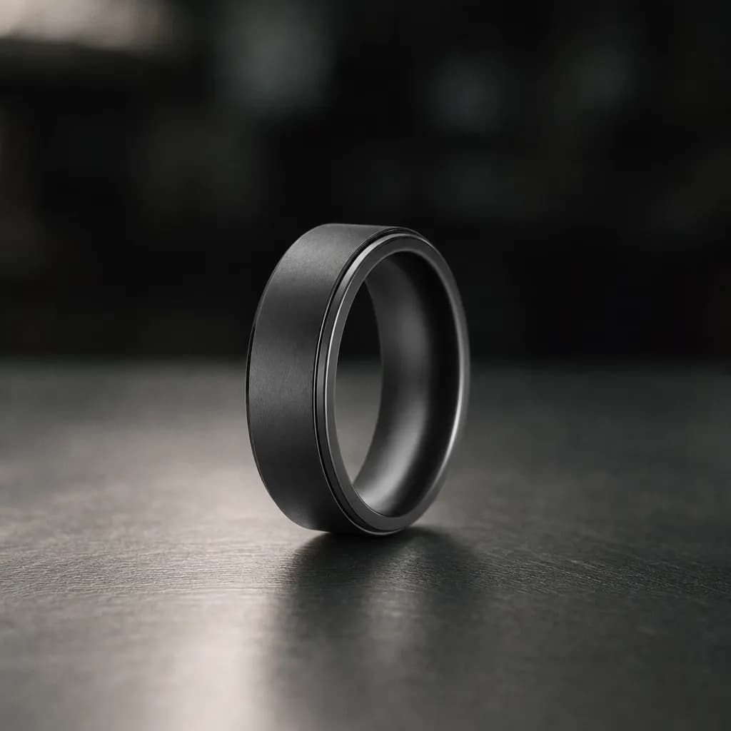 The Drift, a 10mm brushed black titanium band, standing upright on a brushed steel workbench