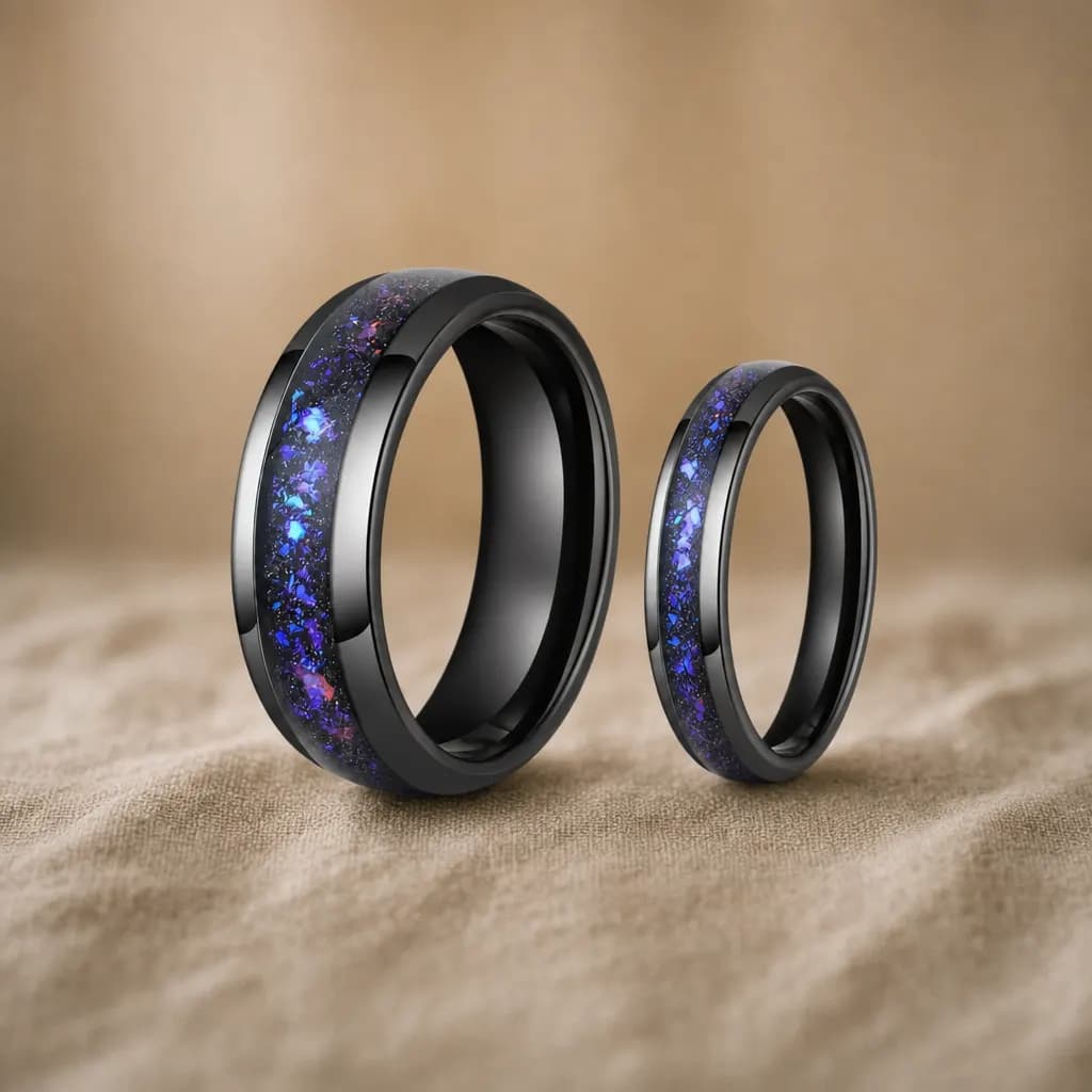The Duet Set, an 8mm and 4mm polished tungsten carbide band in black and blue with an opal inlay, standing upright on rumpled natural linen