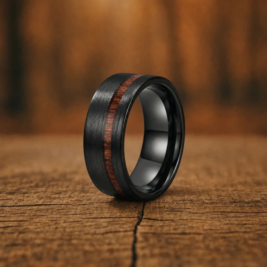 The Dune, an 8mm brushed black tungsten carbide band with a wood inlay, standing upright on a weathered oak plank