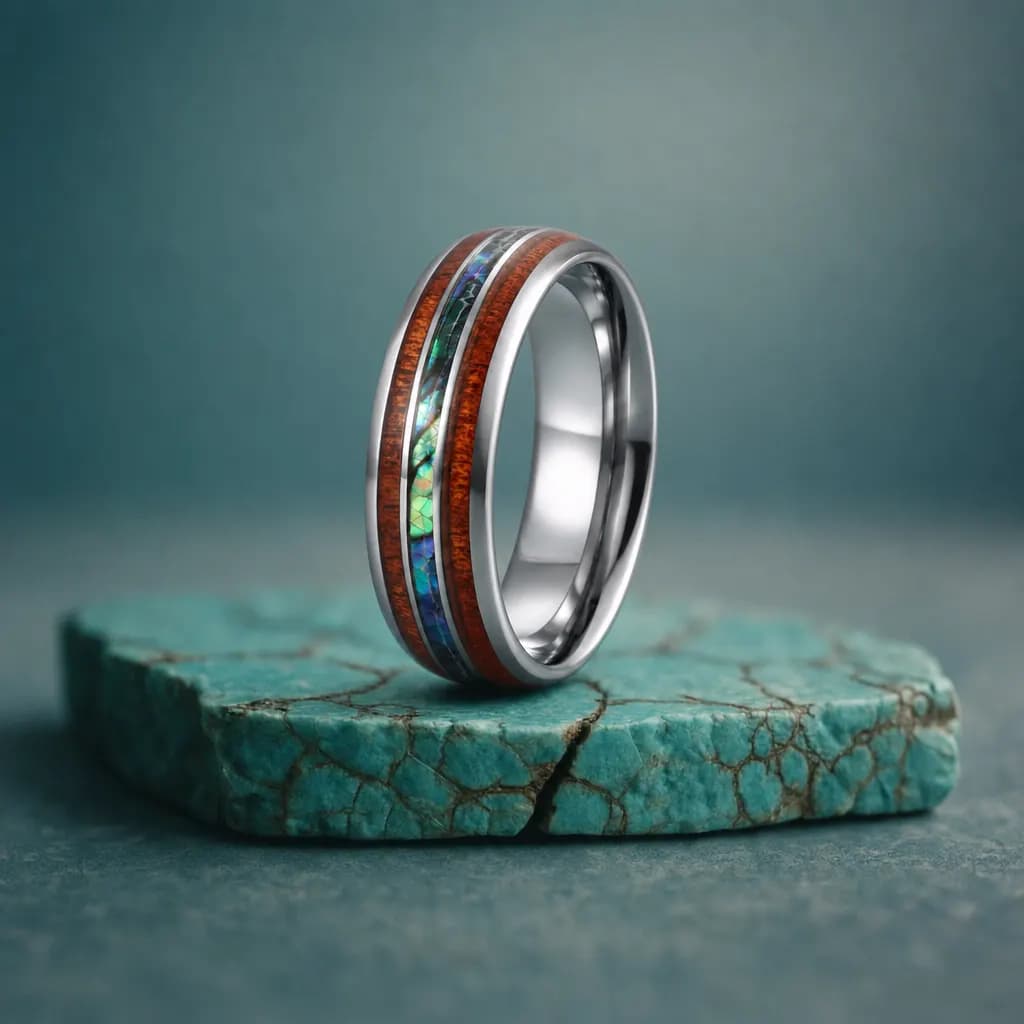 The Elm, an 8mm polished tungsten carbide band in silver, blue and green with an abalone shell inlay, standing upright on a turquoise veined mineral slab