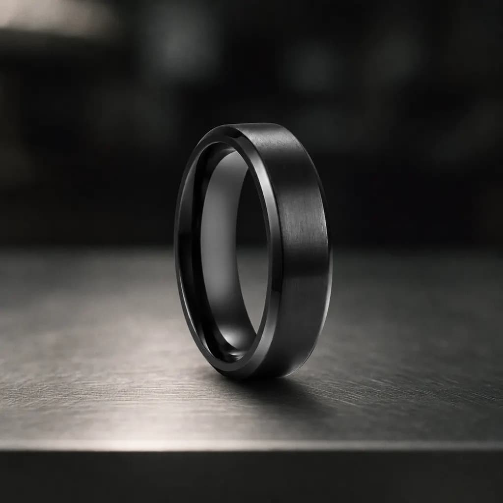 The Ether, a 6mm brushed black titanium band, standing upright on a brushed steel workbench