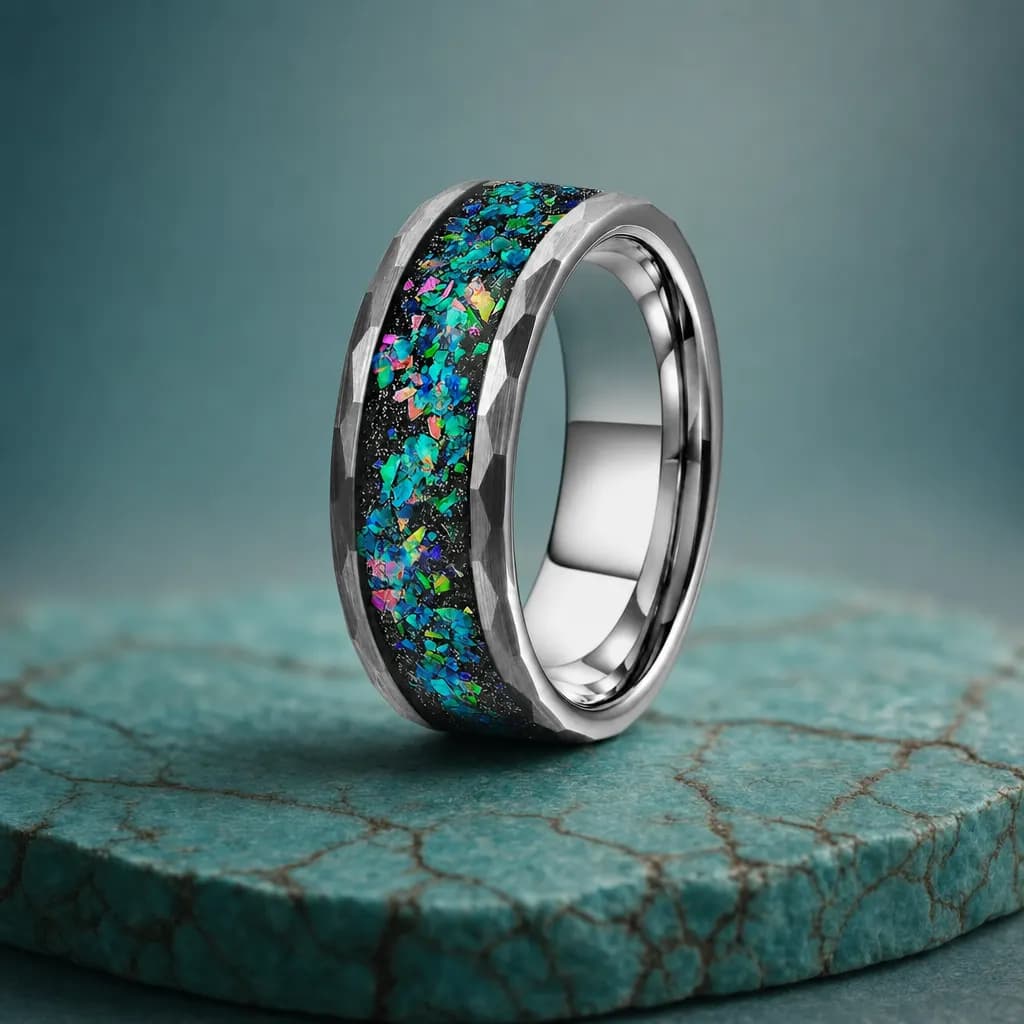 The Facet, an 8mm faceted tungsten carbide band in silver, blue, green and black with an opal inlay, standing upright on a turquoise veined mineral slab