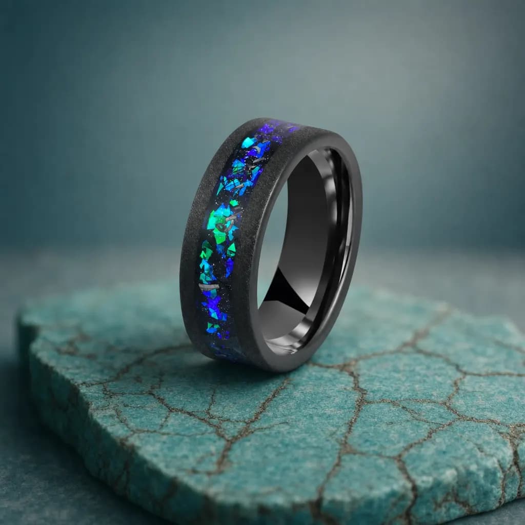 The Gleam, an 8mm matte tungsten carbide band in black, blue and green with an opal inlay, standing upright on a turquoise veined mineral slab