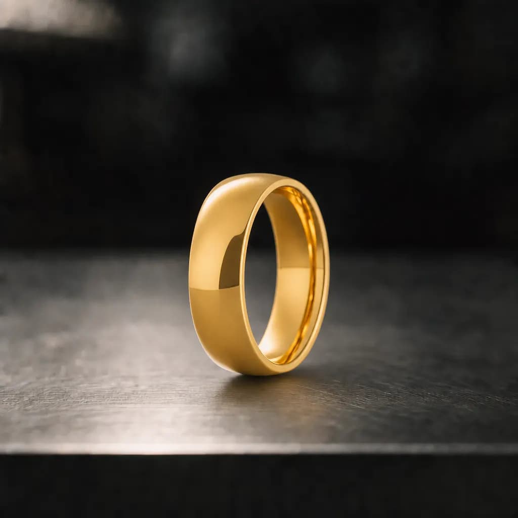 The Glider, a 6mm polished gold titanium band, standing upright on a brushed steel workbench